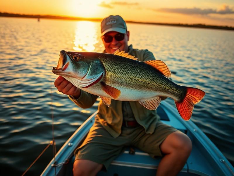 Angler holding a largemouth bass at golden hour